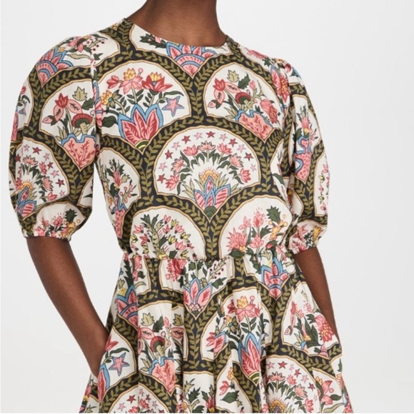 RHODE Molly Mushroom Pink and Green Floral Puff Sleeve Lace up Back Mini Dress S - Picture 5 of 12